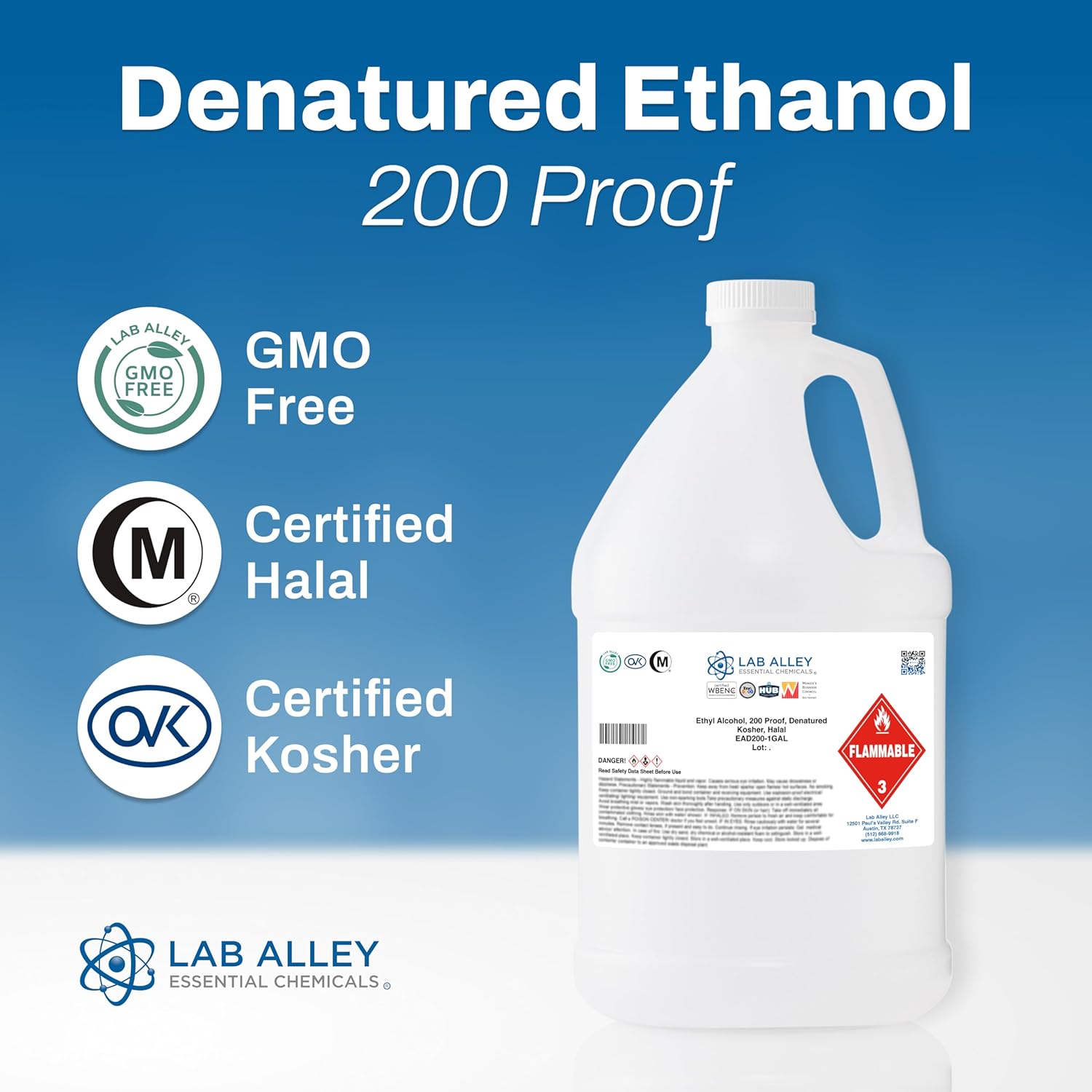 Lab Alley Denatured Ethanol 200 Proof, Kosher & Halal Certified, GMO-Free Ethyl Alcohol for Laboratory & Industrial Use, 20 Liters