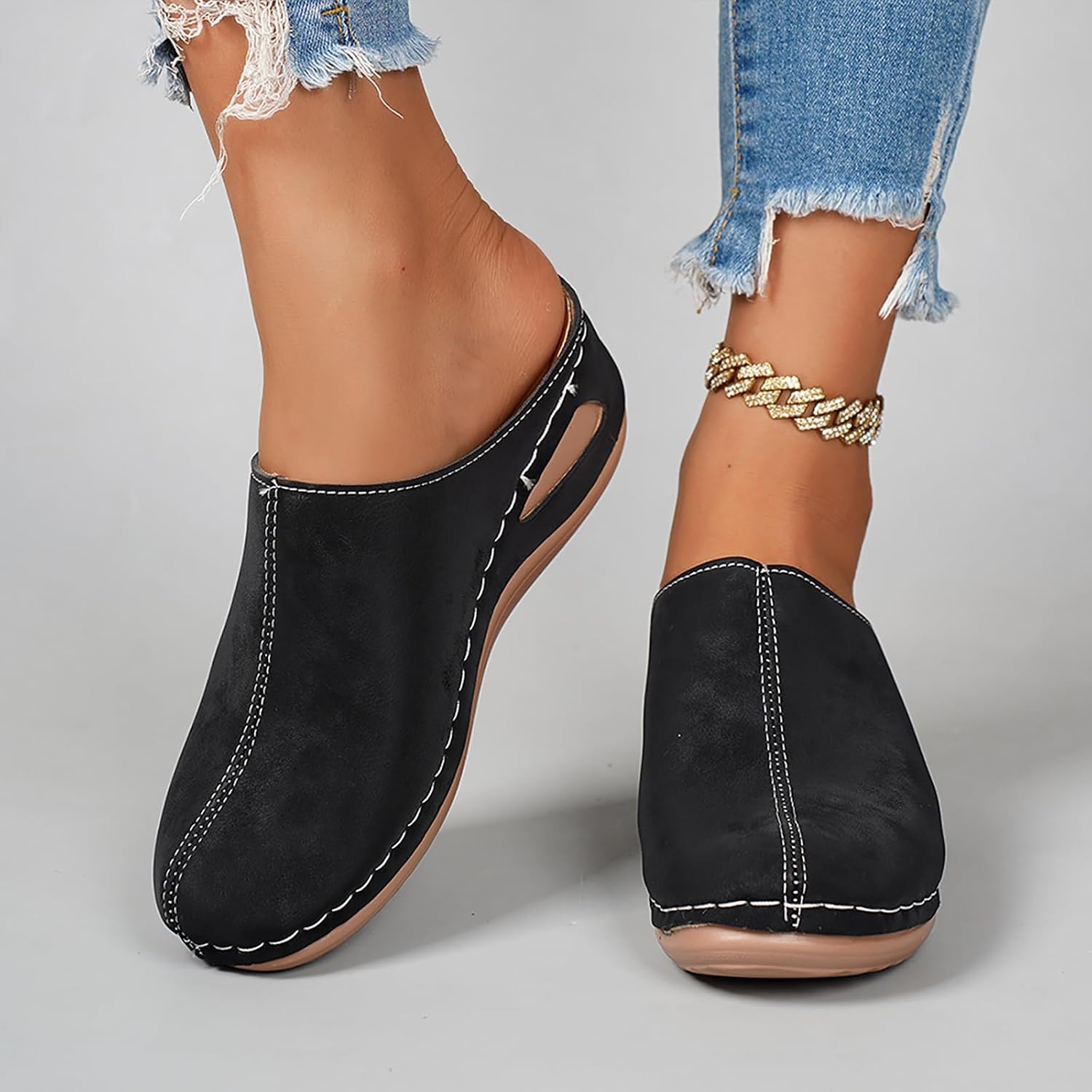 Clogs for Women's Leather Mules Comfortable Non Slip Wedge Slip-On Closed Toe Sandals Summer Casual Walking Platform Slides