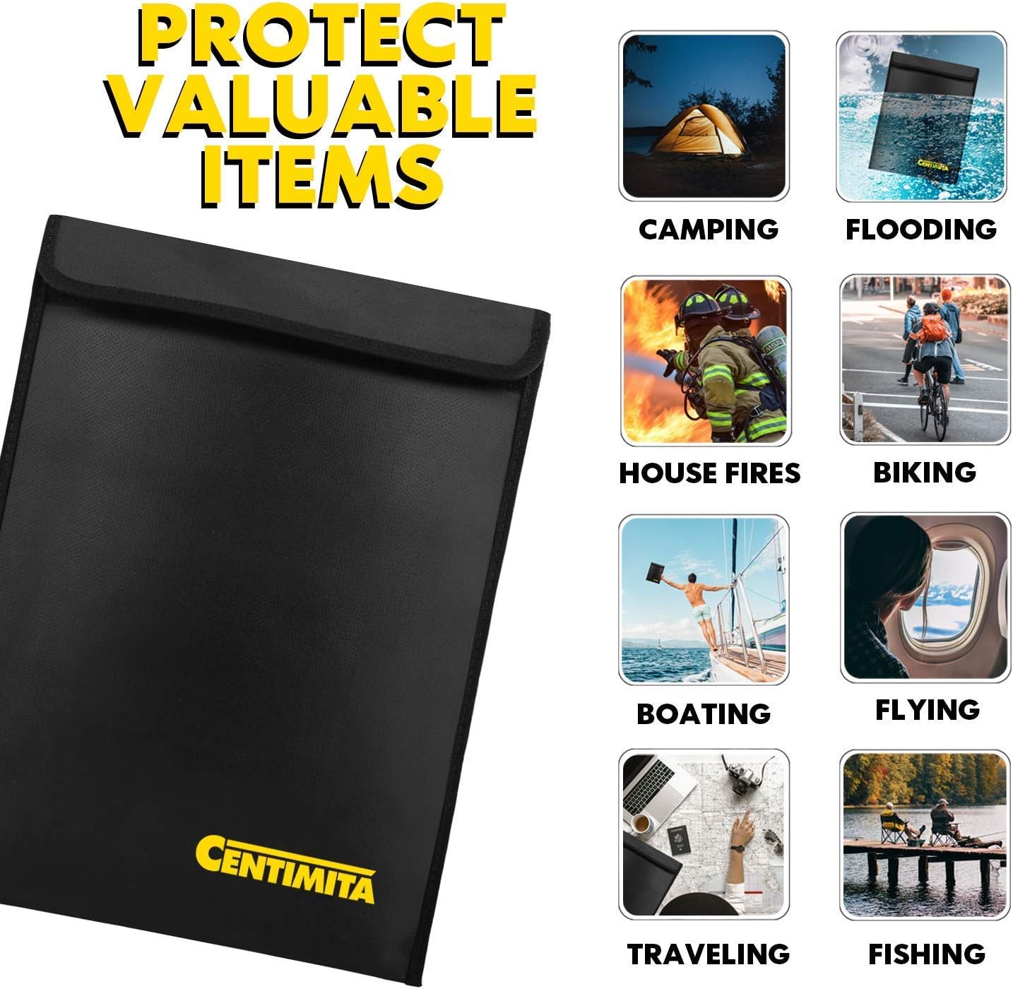 Fireproof Document Bag Waterproof Safe Folder - 2000℉ Money Bag with Zipper and 3 Document Protectors, 15”x11” Fire Proof/Waterproof Safe Bag, Important Document Holder, Fireproof Pouch,Fire Envelope