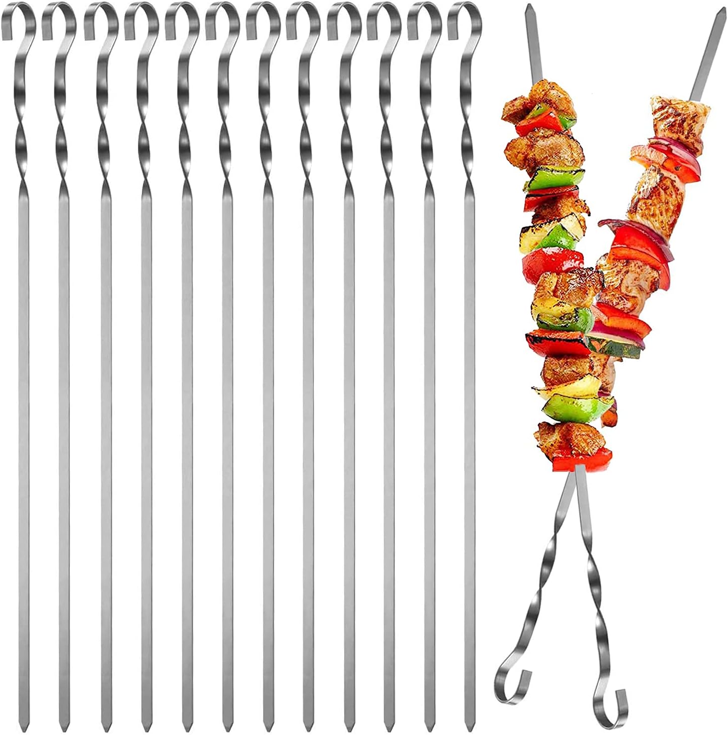 Kebab Skewers, 12PCS Stainless Steel BBQ Kebab Meat Skewers Set, Flat Barbecue Shish Kebab Stick for Meat Vegetables