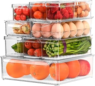 12-pack Stackable Fridge Organizer with 5 liners, Refrigerator Organizer Bins with Lids, Plastic Fridge Organizers and Storage Clear Pantry Organization and Storage Containers for Fruits, Vegetable