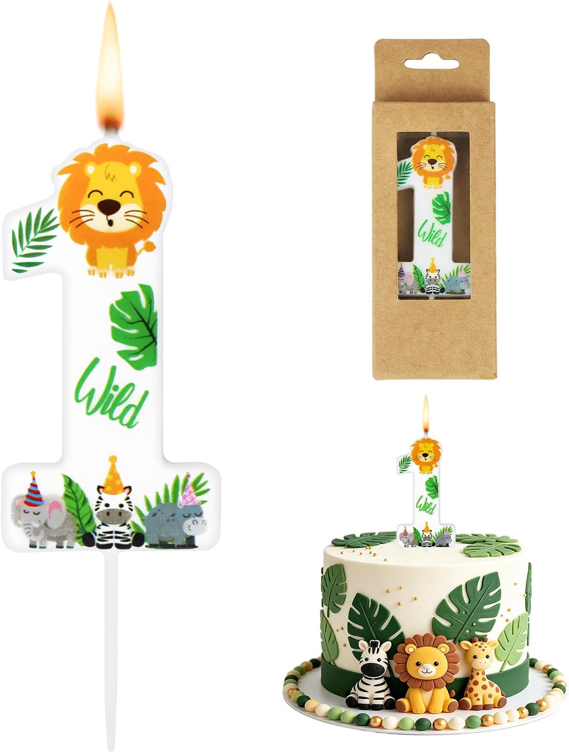Jungle Animal Number 1 Birthday Candle, Safari Wild One Cake Topper