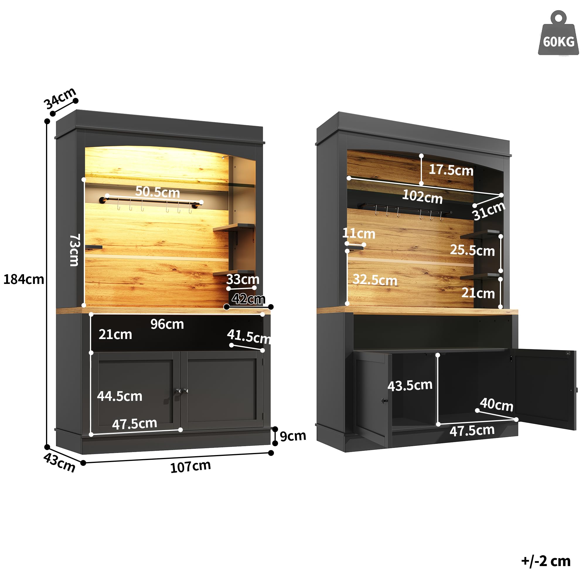 Kebnor Armario de cocina alto (107 x 43 x 184 cm), color negro (107 x 43 x 184 cm)