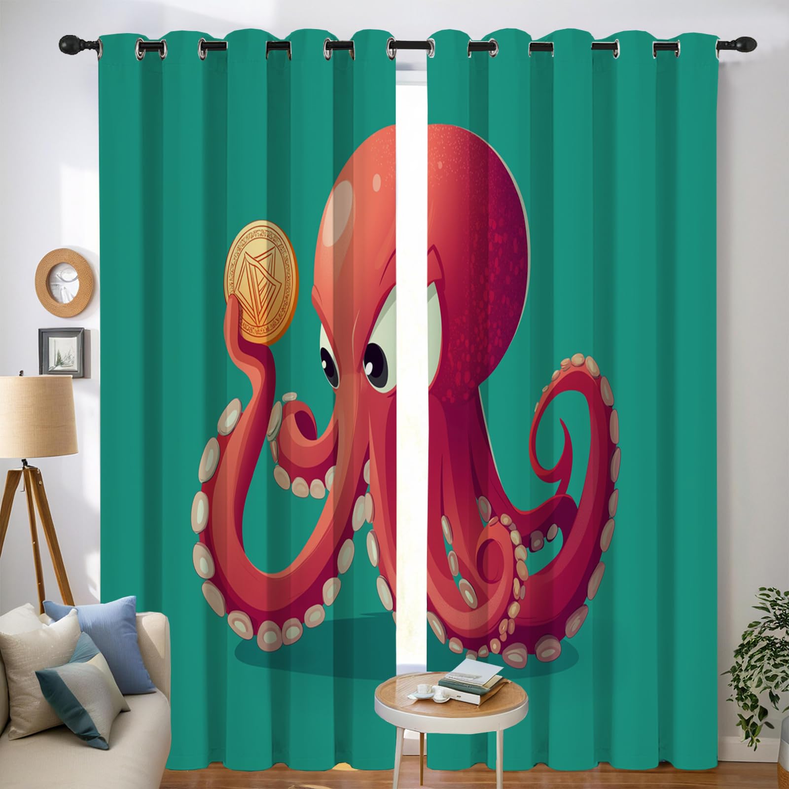 Isolanti Per Camera Da Letto Stampa 3D Polpo Moneta Rosso 2 Pannelli 140X245Cm Tende Soggiorno Illustrazione Animali Decorazione Motivo Finestra Bambini Tenda Oscuranti Occhielli