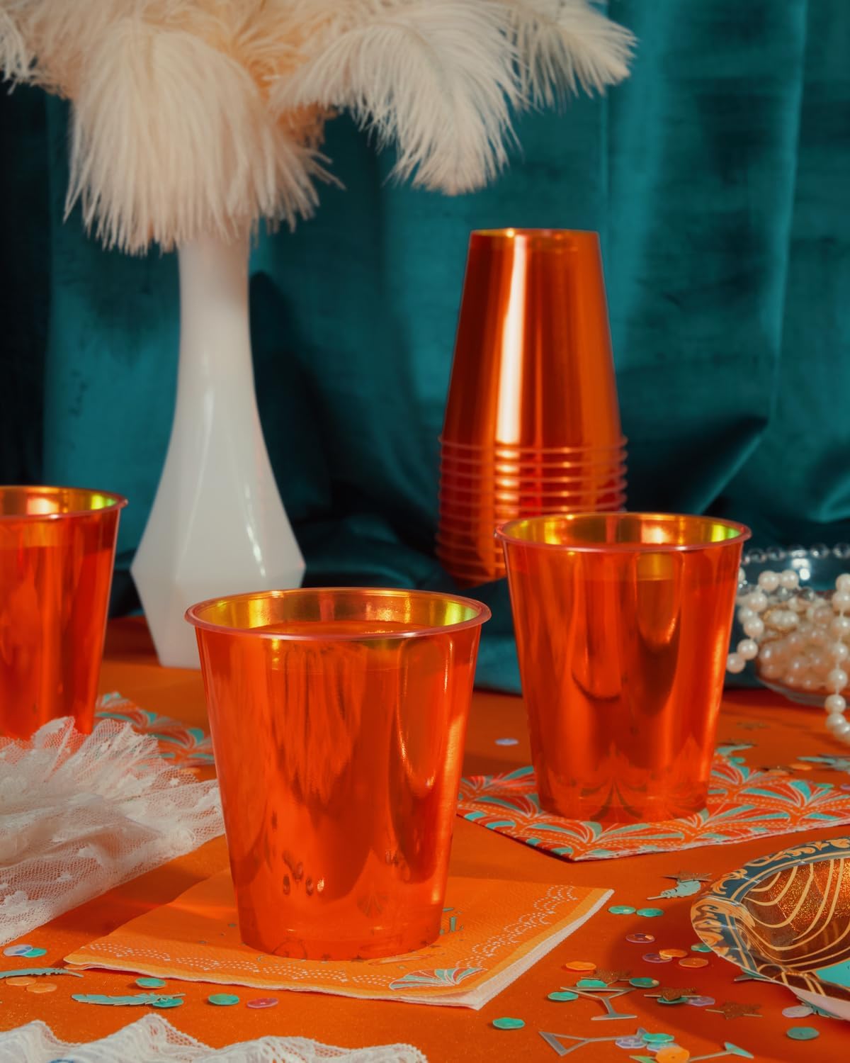xo, Fetti Orange Iridescent Plastic Cups - 16pcs, 12oz | Spritz Party, Summer Drinkware, Bachelorette, Showgirl, Pool Party, Italian Theme