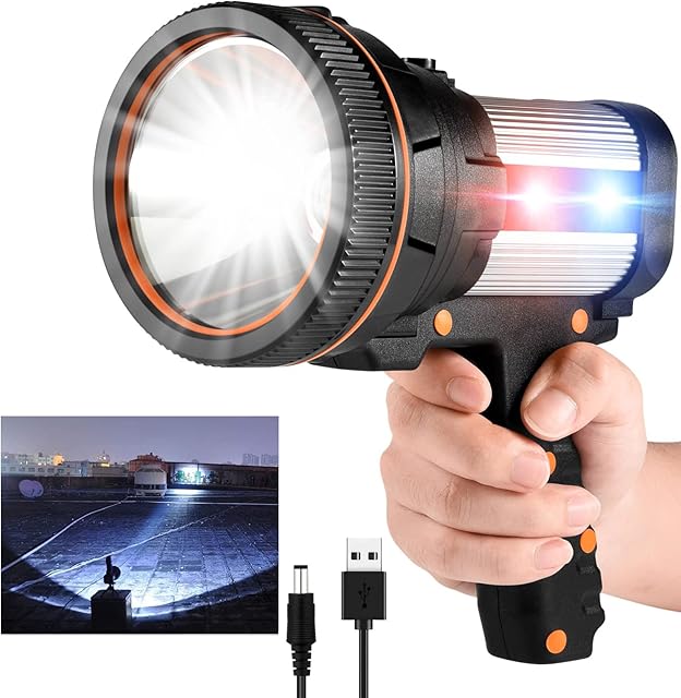 Rechargeable Led Torch - Super Bright LED Flashlight with 6 Lighting Modes, 7000 Lumens 6600 mAh Multi-Functional Camping Lantern Handheld Waterproof Outdoor Searchlight Spotlight(Sliver-1)