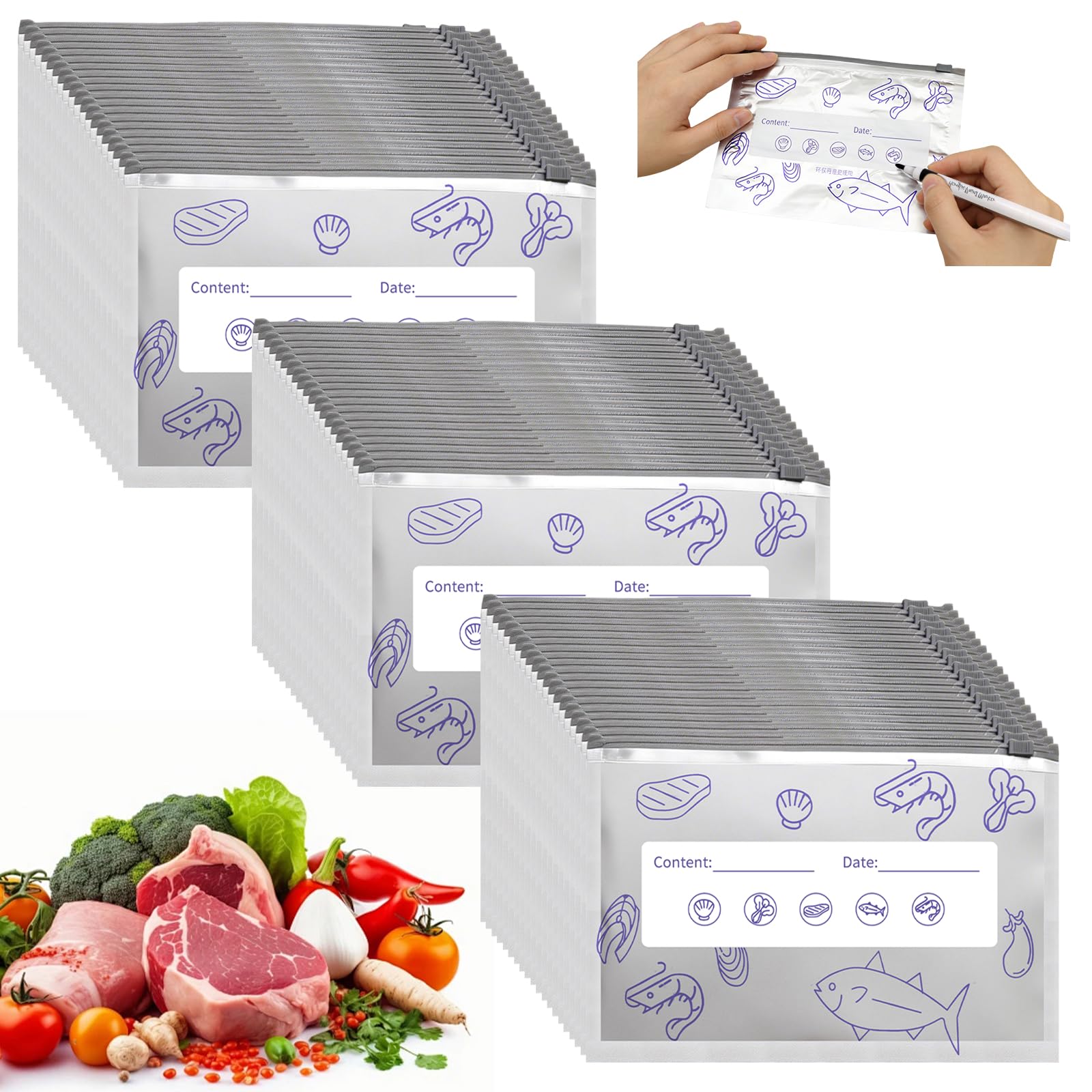 Yuaerbuo 60 Pcs Reusable Freezer Bags Aluminium Foil with Marker Pen, Sealable Foil Bags for Food Long-Last Freshness Zip Lock Bags Aluminium Freezer for Meats Fishes Vegetables Bread (S)