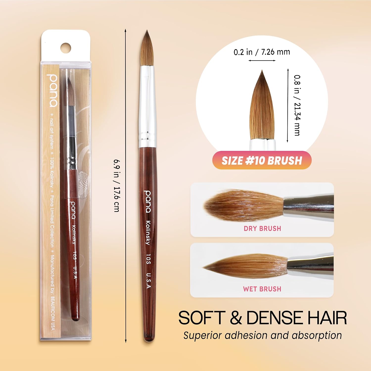PANA Pure Kolinsky Hair Acrylic Nail Brush - Oval Crimped Shape Silver Ferrule with Mahogany Wood Handle (Size 10) - Nail Extension Manicure Pedicure Salon Beginner Professional