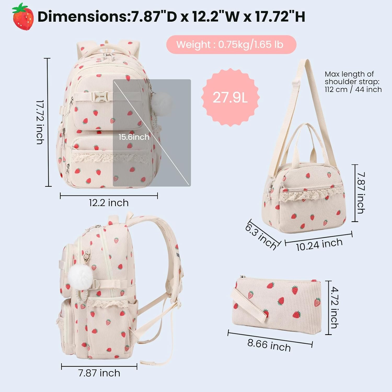 Mitowermi 3pcs Corduroy Girls Backpack Lunch