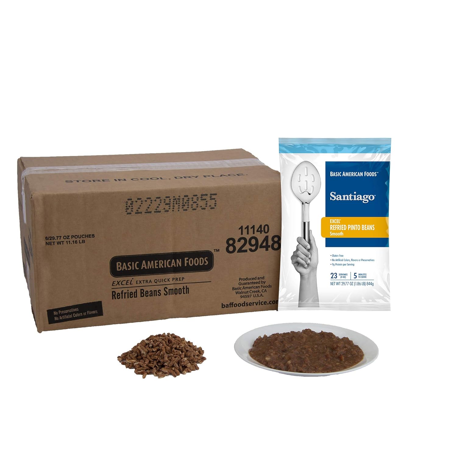 Basic American Foods Santiago Excel Refried Beans, 29.7oz Pack of 6 - Authentic Quick-Prep Bulk for Restaurants, Gluten-Free