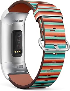 Compatible with Fitbit Charge 3 & 3 SE - Leather Wristband Bracelet Replacement Accessory Band (Includes Adapters) - Teal Orange Turquoise Southwestern Blanket