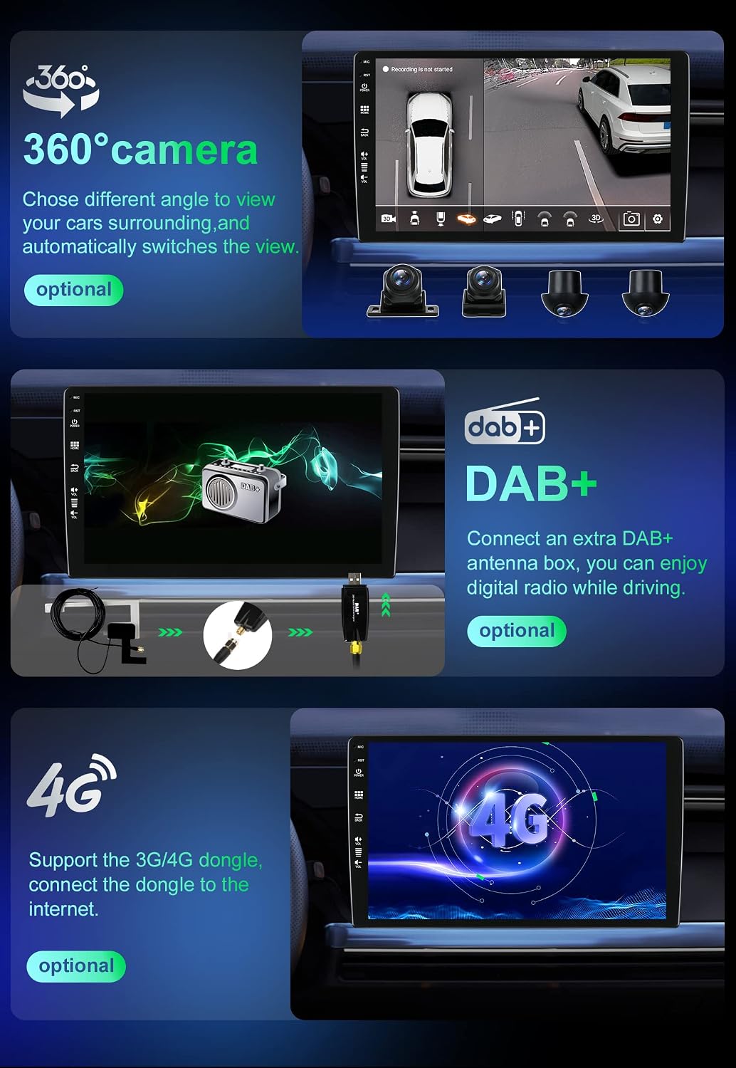 Screenshots showing optional features: 360 camera view, DAB+ digital radio, and 4G internet connectivity