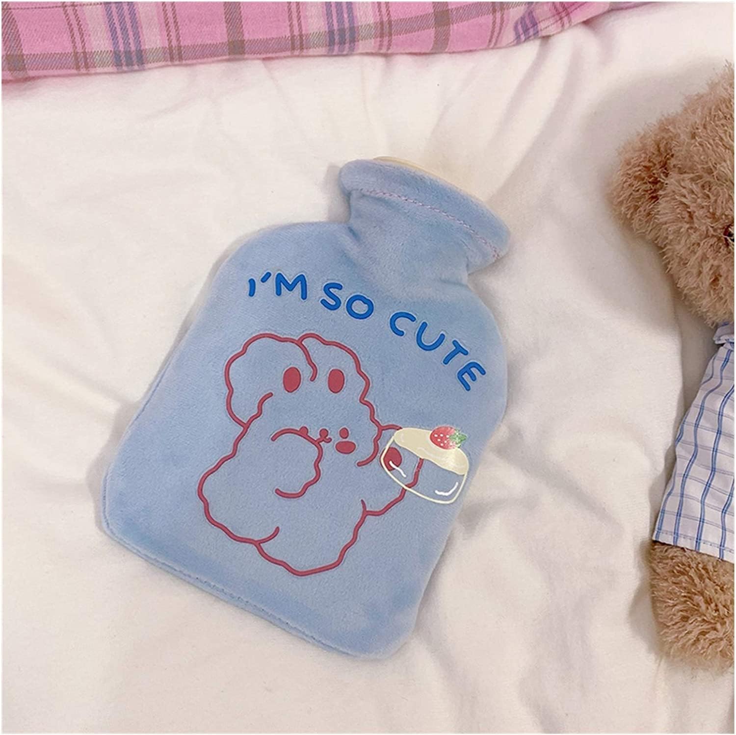 SKUZA Hot Water Bottle, Winter Cartoon Cute Bear Hot Water Bottle Winter Warm Belly Treasure Plush Hot Water Bag Portable Explosion-Proof Hand Warmer Warming Bag (Color : Blue) (Color : Blue)