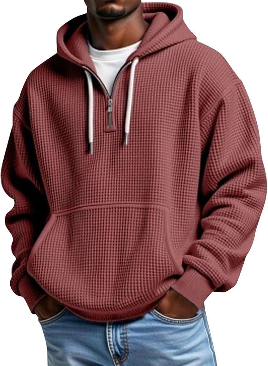 Sudaderas con capucha para hombre con cremallera de un cuarto Casaul Sudadera con capucha de punto gofre de manga larga con cordón y bolsillo