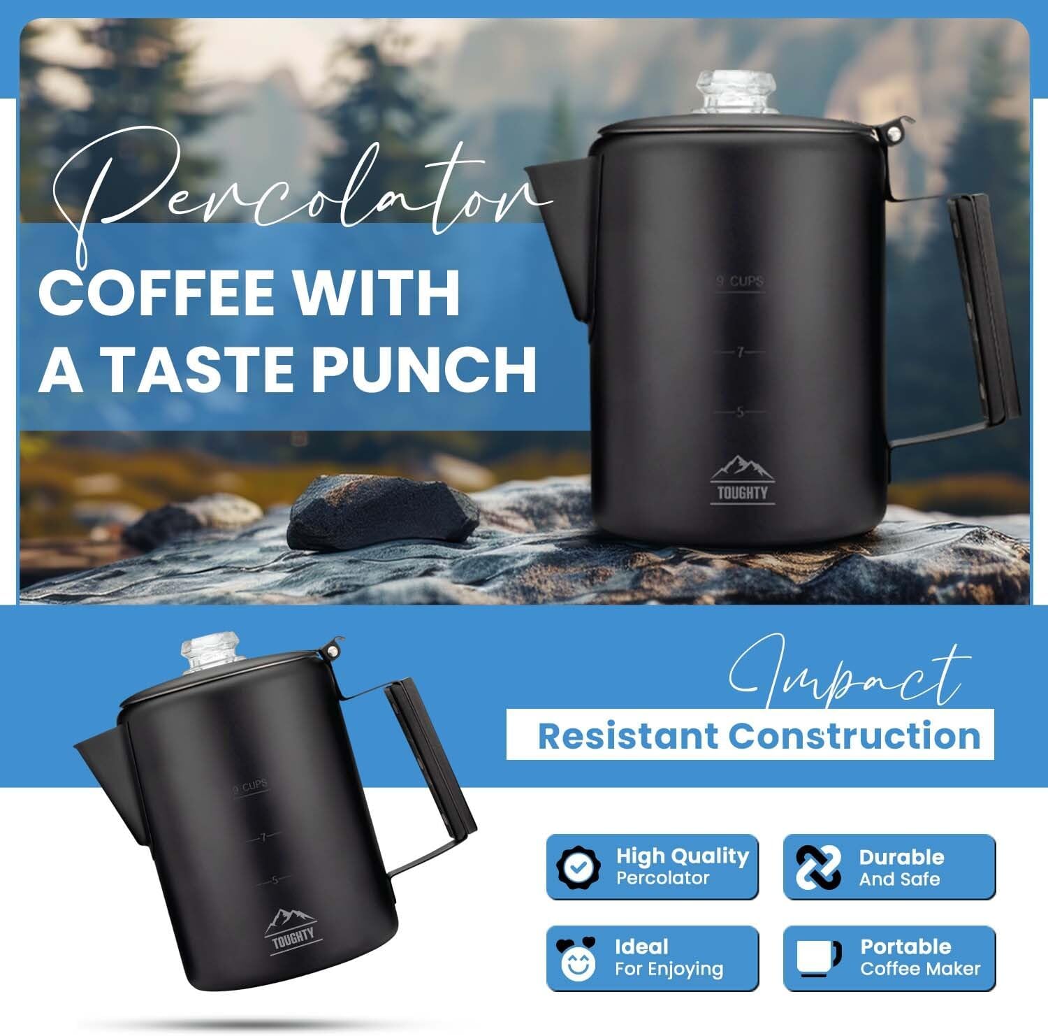 Toughty Yosemite Percolator Coffee Pot – Classic Stovetop Coffee Maker for Camping, Hiking & Home, Durable Stainless Steel Pot, Compatible with All Stovetops – Old-Fashioned 9-Cup Percolator, Black