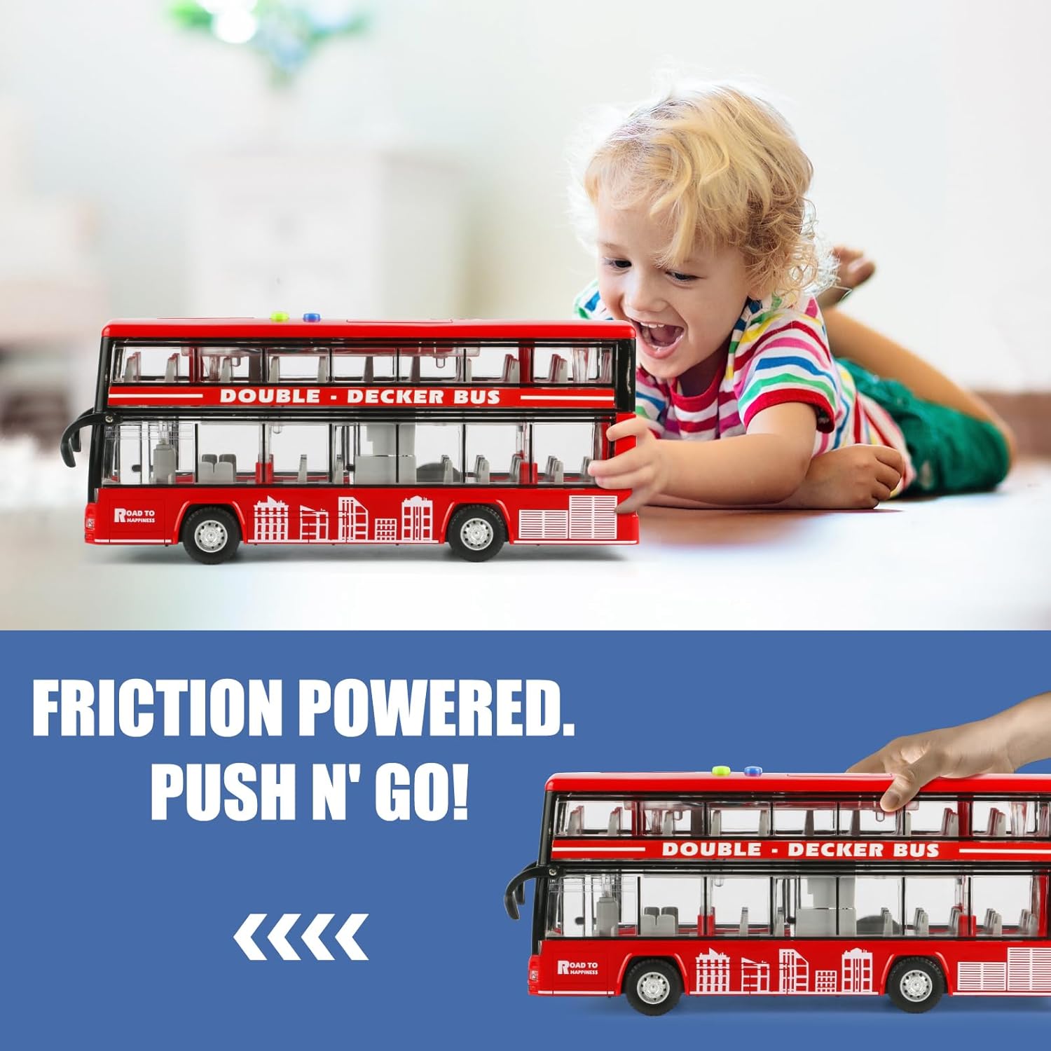 11"(28cm) Double Decker Bus Toy with Lights & Sounds, Scale(1:16) Friction Powered Bus Toy for Kids with Indoor Ceiling Lights and 4 Different Sounds - Gift for Kids Ages 3+ (Red)