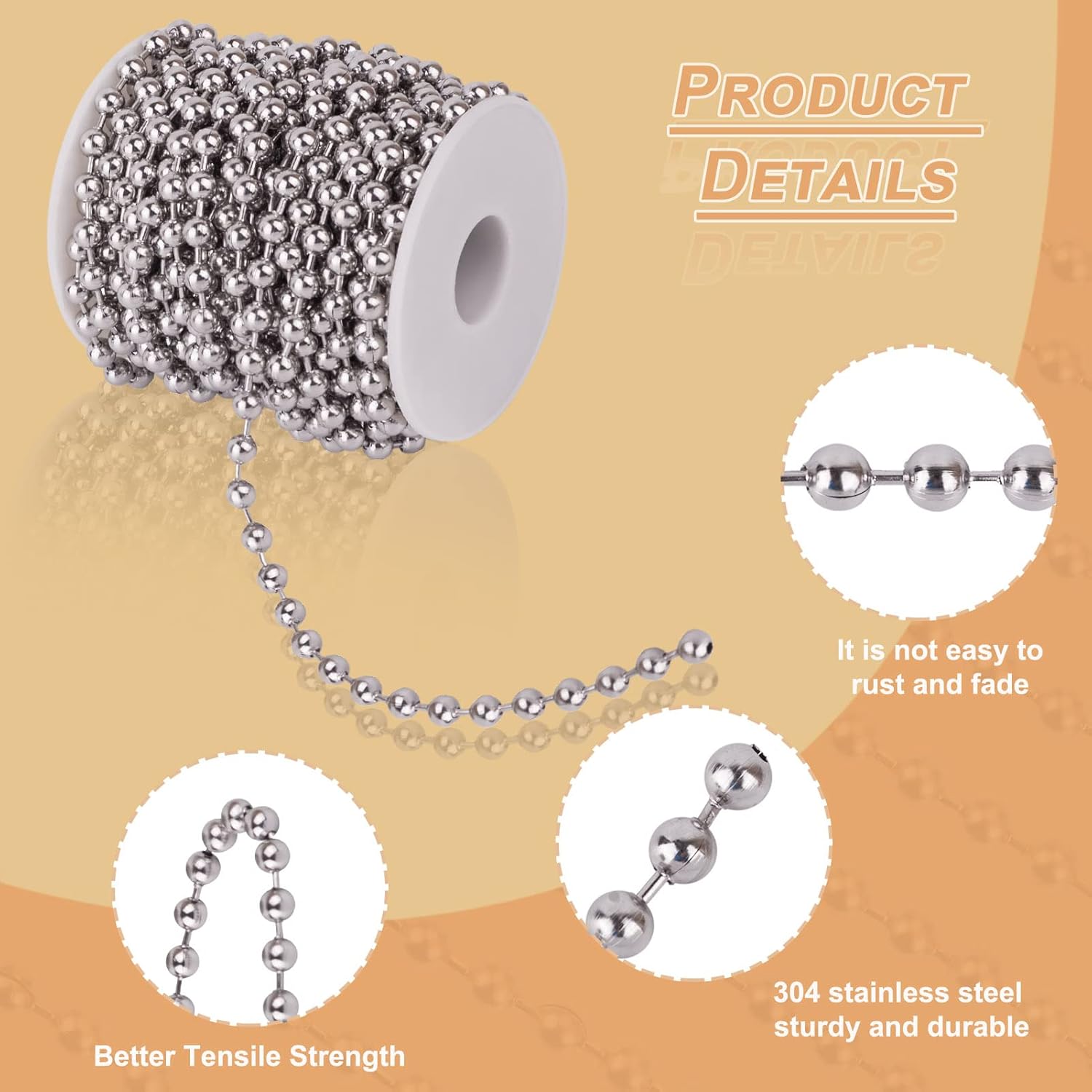 FASHEWELRY 32.8 Feet Stainless Steel Ball Bead Chains 6mm Metal Beaded Pull Chain Extension for DIY Jewelry Making (Stainless Steel Color)