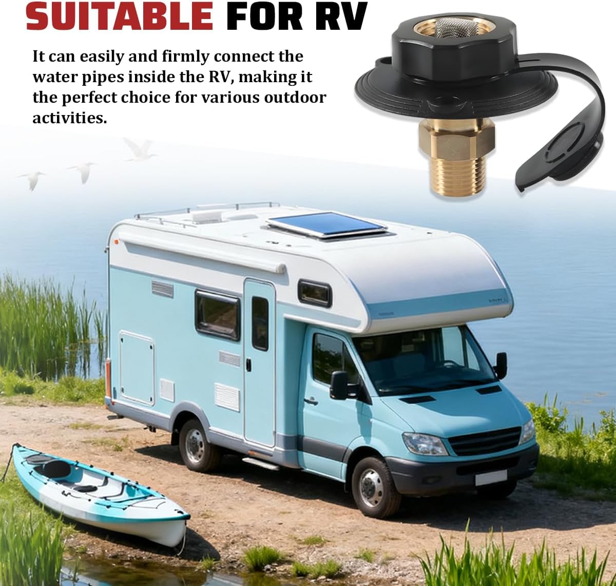 RV City Water Inlet with Check Valve, 3/4" NH Female to 1/2" NPT Male Brass Camper Water Fill Inlet Connection, Camper Hose Connector Replacement, Suitable for RV, Travel Trailer (Black)