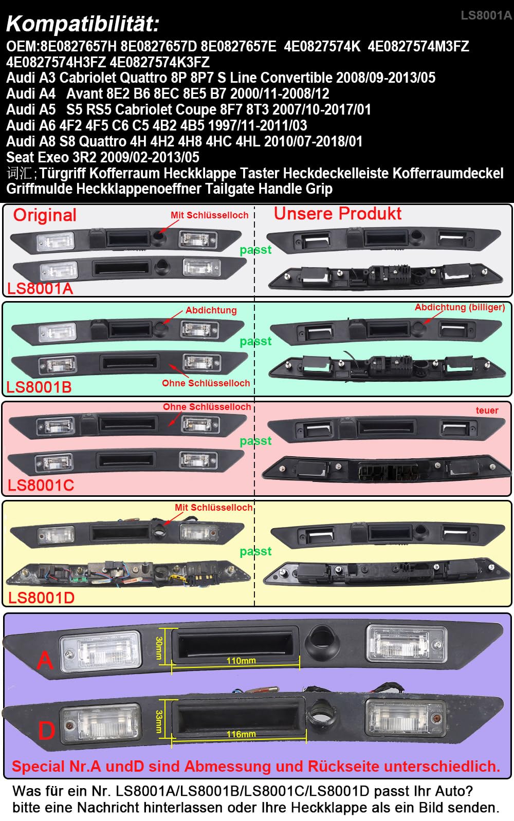 1280 * 720 Pixels Trunk Lid Grip Auto Rückfahrkamera Griffleiste Mit Taster Kofferraum Heckklappengriff Kamera Replacement for Audi A4 B6 B7 A3 A6 Avant Kombi S3 S6 A8 S8 RS4 RS6 A5 Q7 Einparkkamera