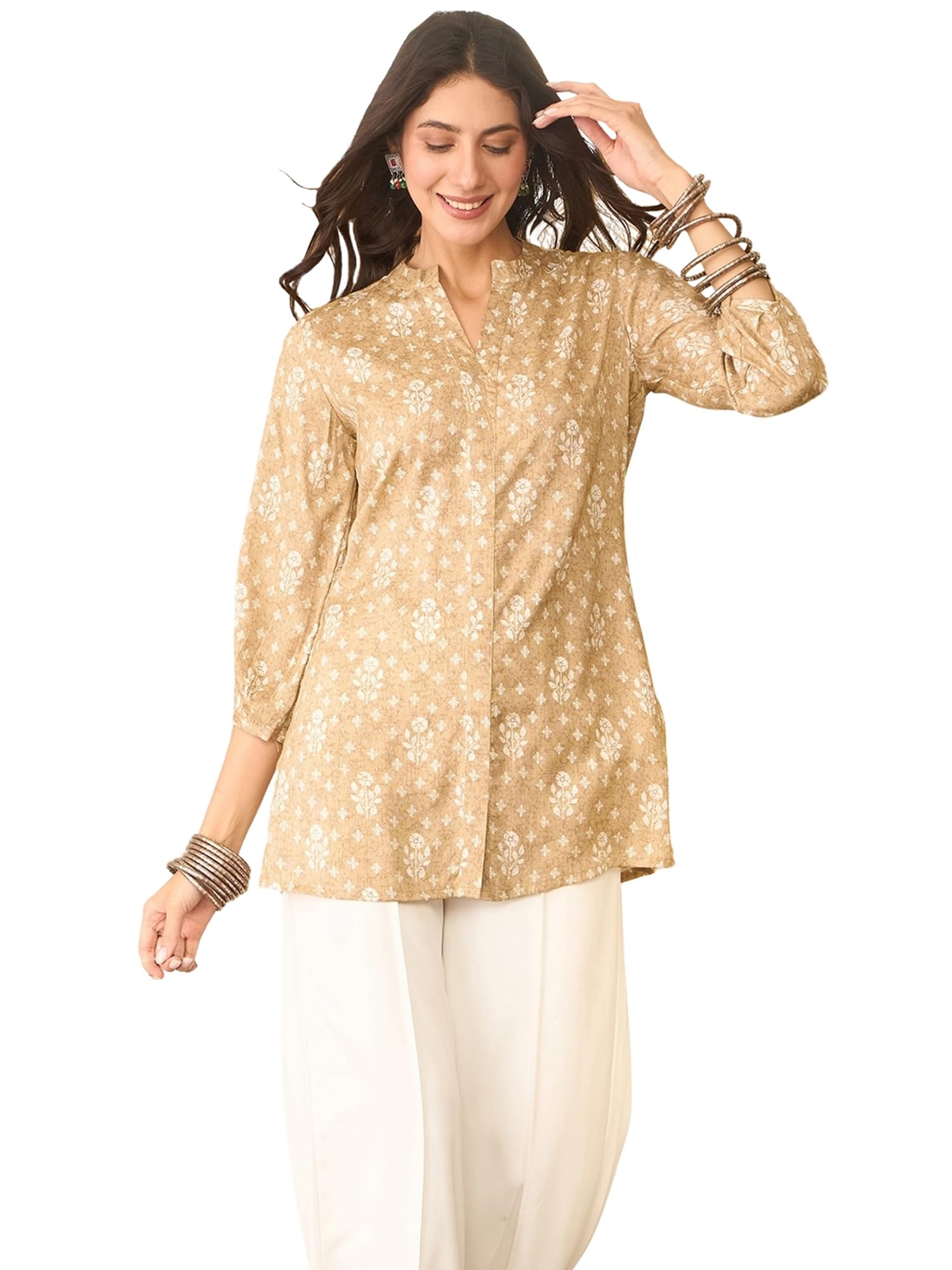 vaamsi Women's Beige Cotton Blend Floral Printed Top | Western Tops for Women-picture-17
