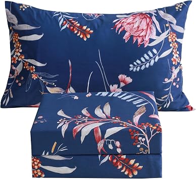JSD Navy Floral Sheet Set Twin Size, 3 Piece Printed Microfiber Sheets Extra Deep Pocket Wrinkle Free