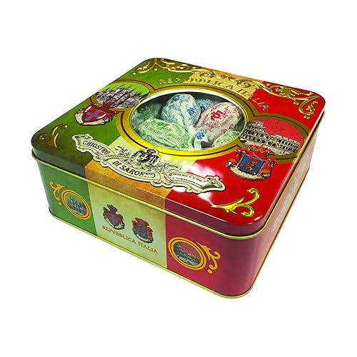 Amaretti Del Chiostro - Galletas crujientes Amaretti con bandera italiana, lata de regalo de 5.3 onzas