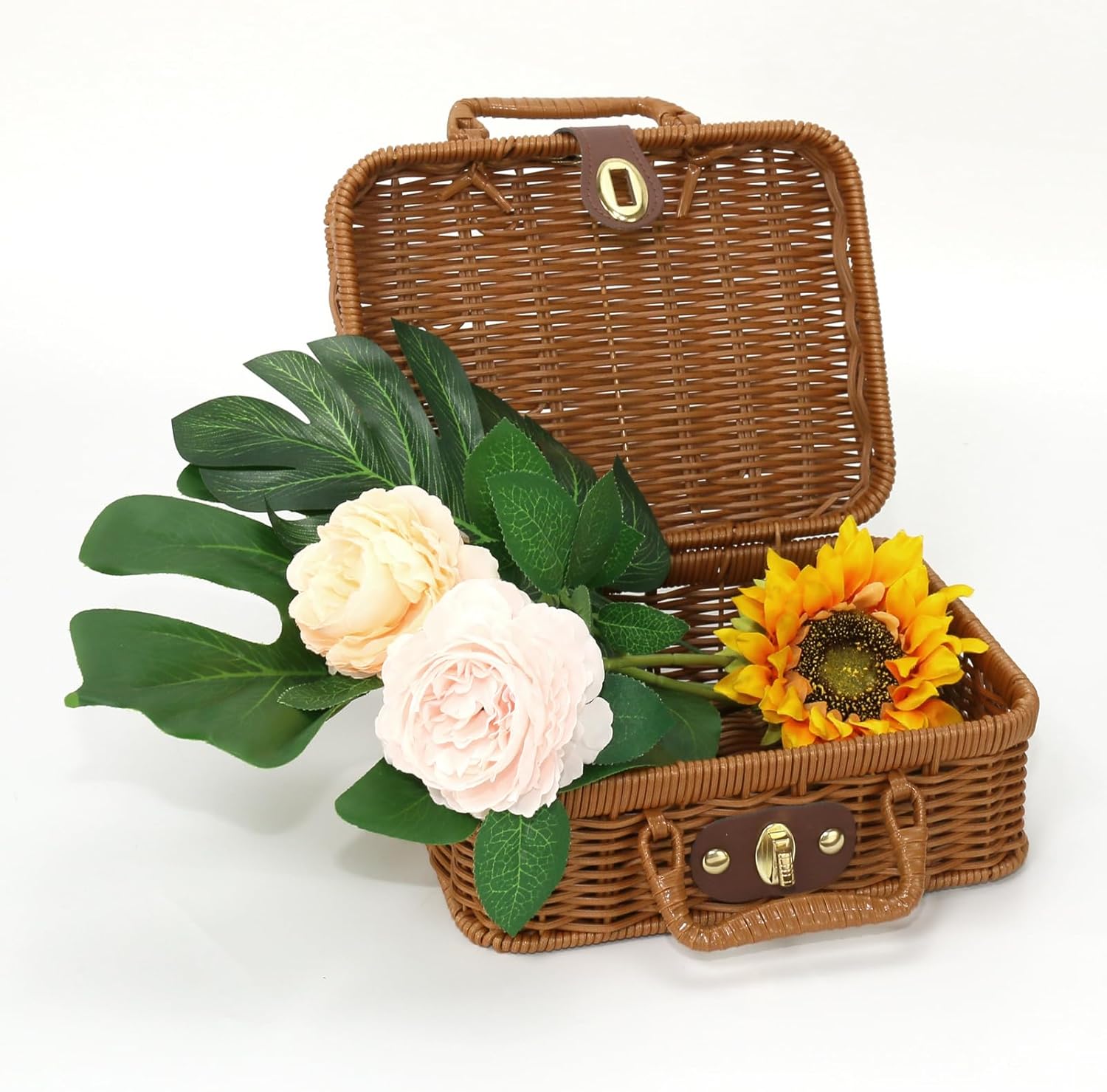 Mini Wicker Picnic Basket, Decorative Prop Suitcase Vintage Storage Hamper Makeup Organizer, Metal Lock Rattan Storage Box with Handles for Sundries Travel Camping and Outdoor Party (Brown, L+S)