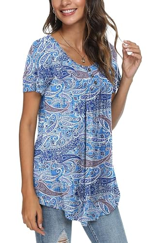 Popyoung Women's 2023 Spring-Summer Casual Short Sleeve Tunic Tops Ruffle Button Loose Blouse T-Shirts L, Fl Cashew Cyan-Blue #TOP1