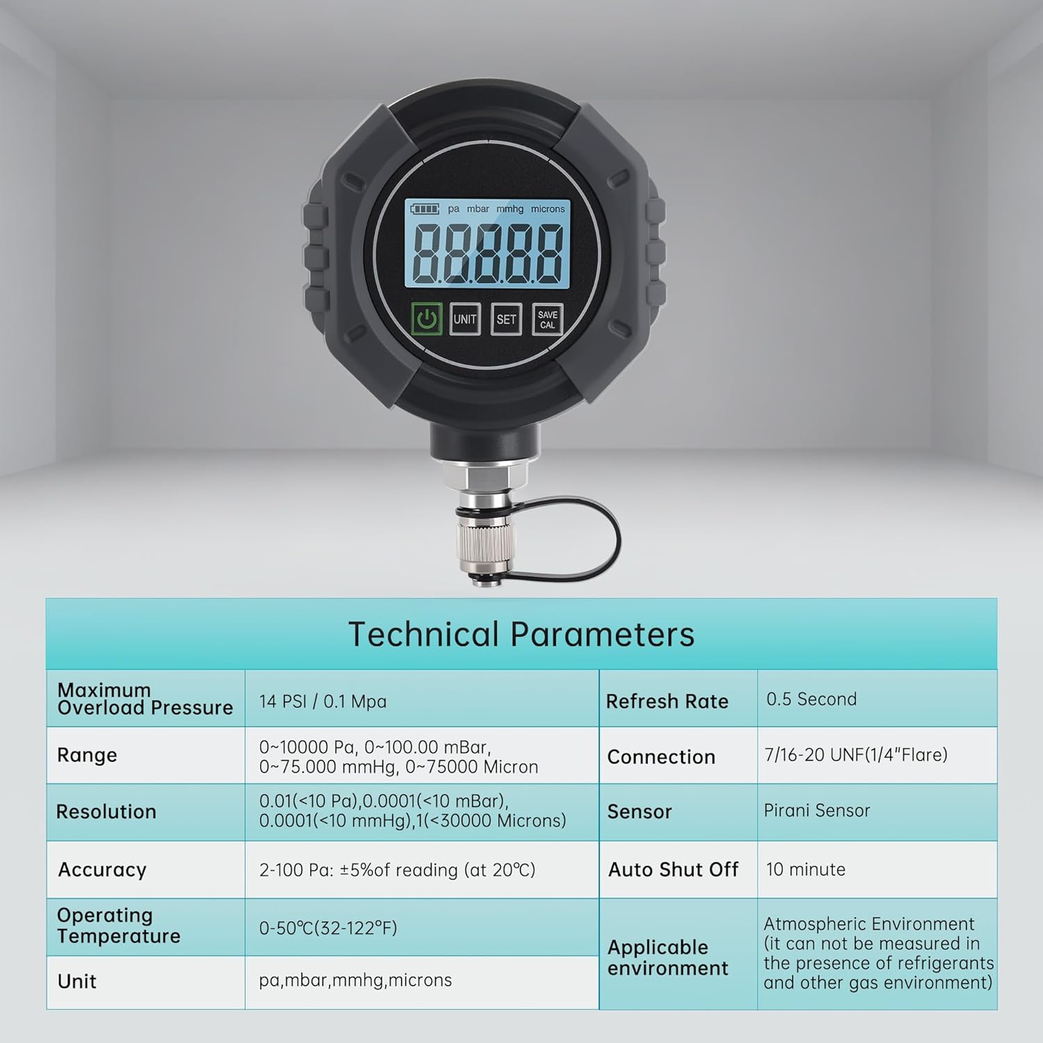 Lichamp Digital Vacuum Gauge, 0-75000 Microns Range 1/4" SAE HVAC, Digital Pressure Tester Meter, Three-Way Connection Extended Rod