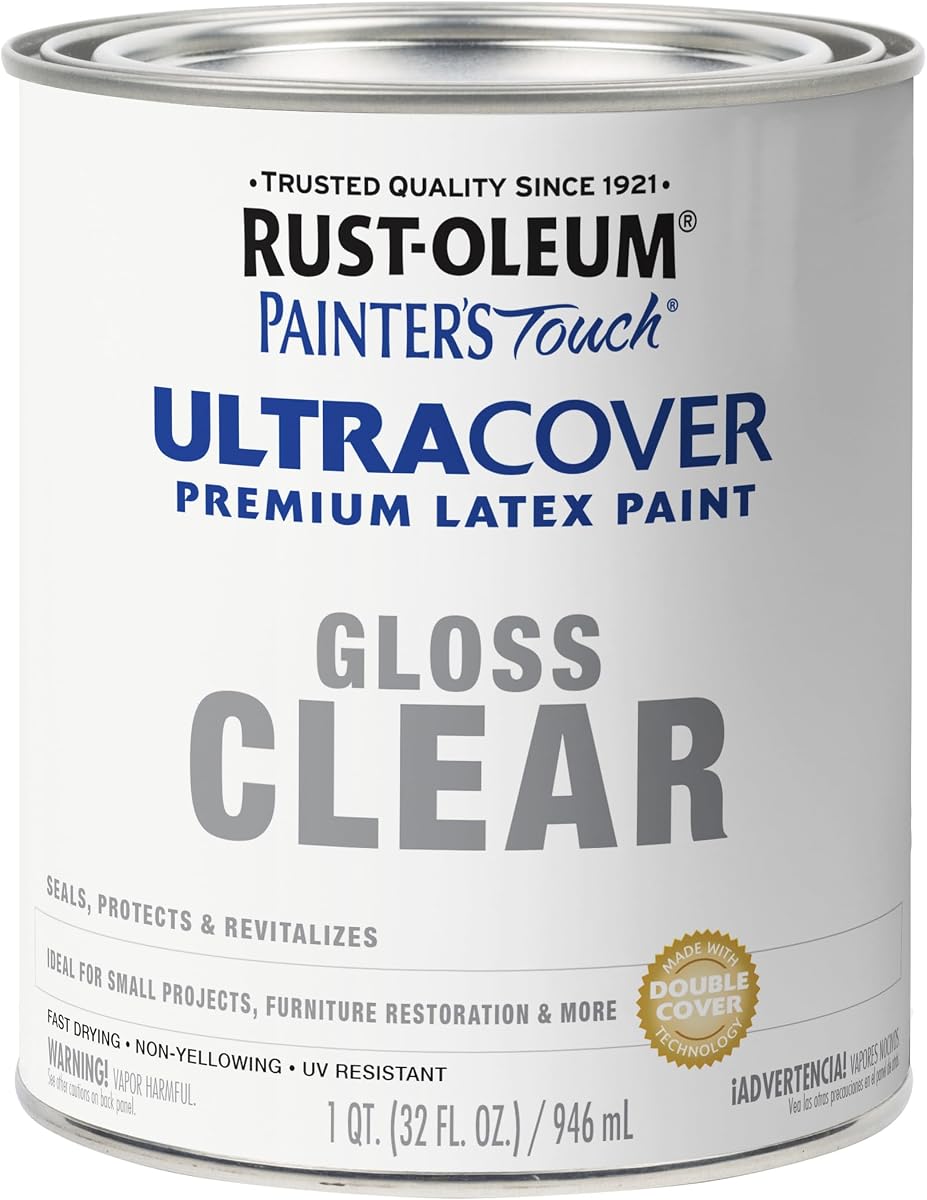 Pintura con brocha de látex Painter's Touch Rust-Oleum, transparente brillante | Durabilidad interior/exterior, múltiples superficies (metal, madera y más), secado rápido, resistente a astillas y decoloración, cuarto de galón