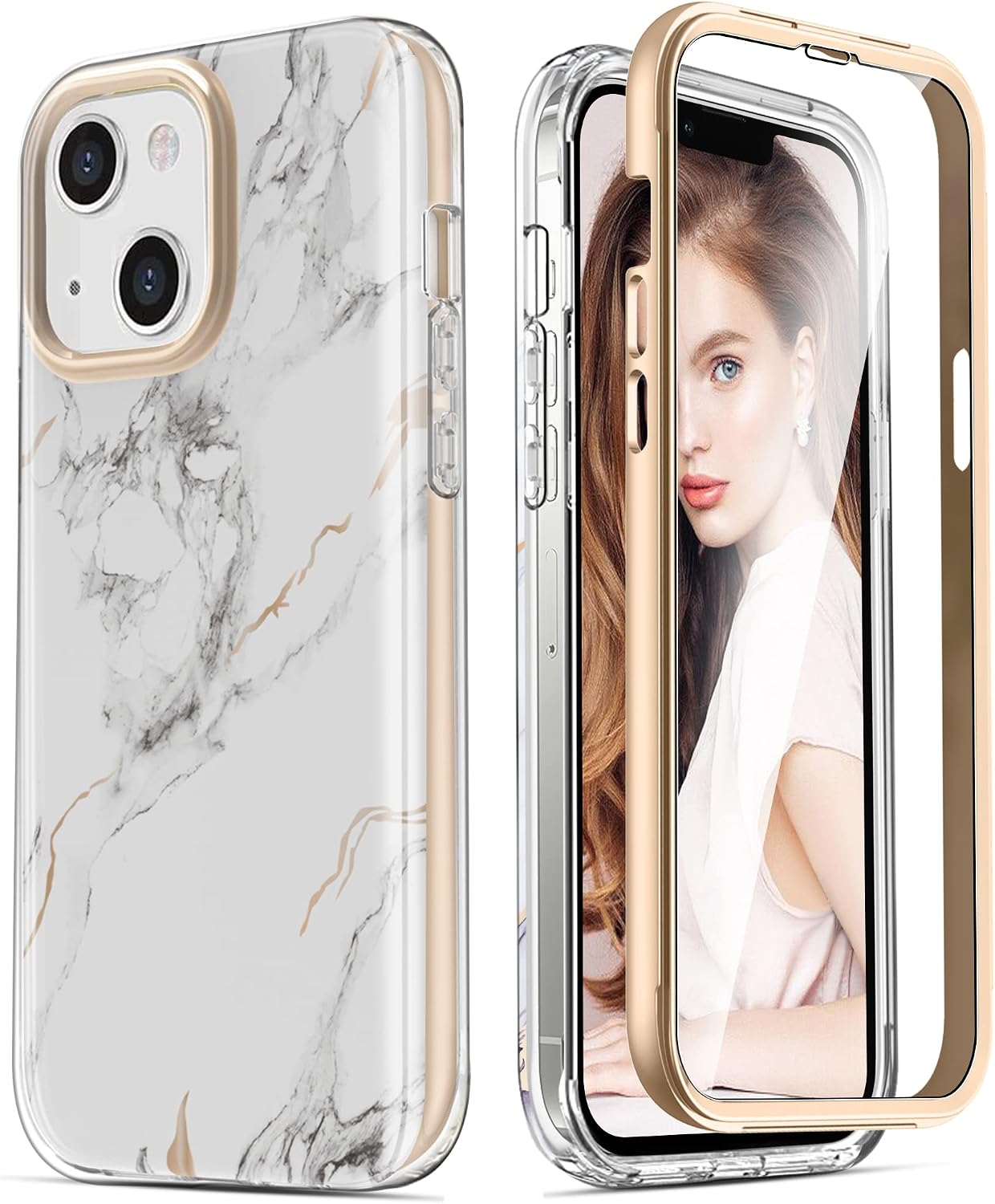 PULEN for iPhone 13 Case with Built-in 9H Tempered Glass Screen Protector,Military Grade Full-Body Shockproof Protection Fashion Case for Women Girls - White