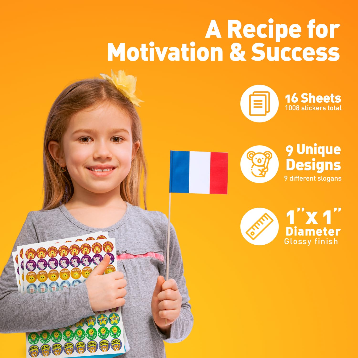 S&O Adesivi motivazionali francesi per premi in classe-Forniture per insegnanti - Adesivi cartone animato per bambini - Regali per insegnanti in francese - 1008 adesivi piccoli