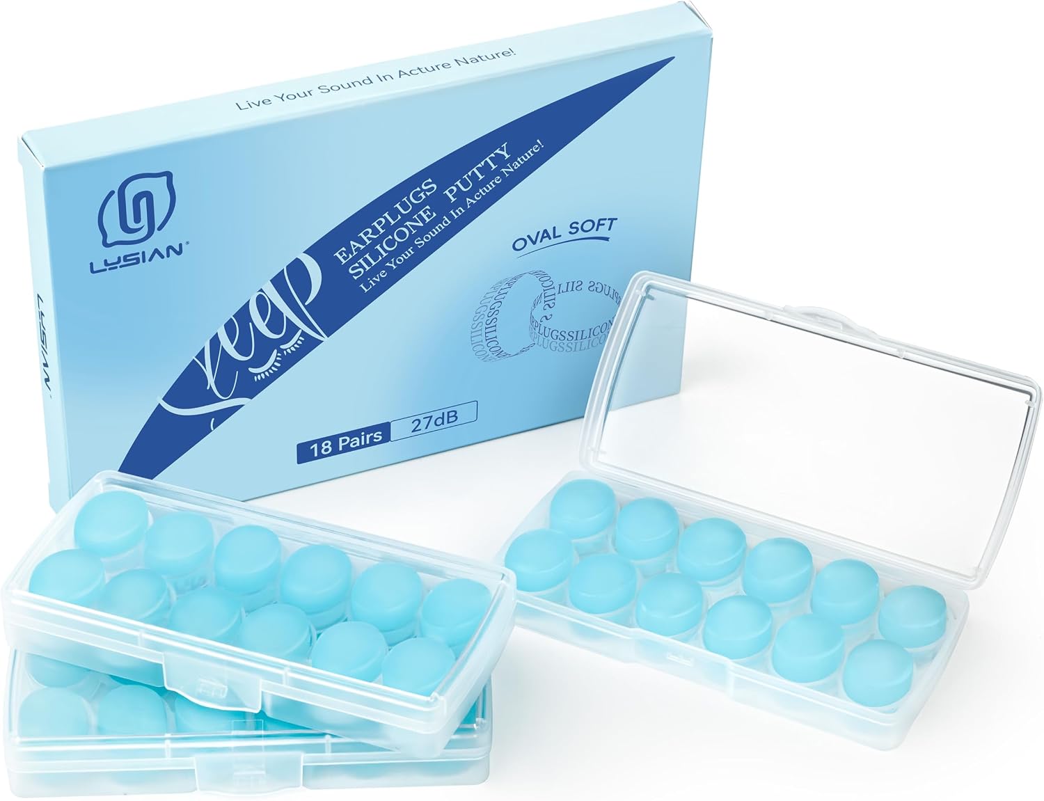 LYSIAN 27dB Moldable Silicone Ear Plugs for Sleep and Swim, 18 Pairs, Blue