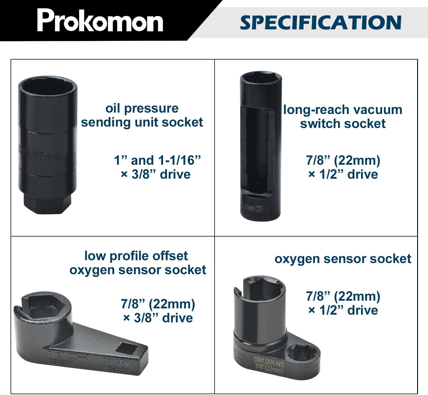 Prokomon 10pcs Oxygen Sensor Socket Set, O2 Sensor Removal Kit, Oil Pressure Sensor Socket Wrench Set 1/2" 3/8" Drives, Oxygen Thermal Oil Pressure Sensor Removers
