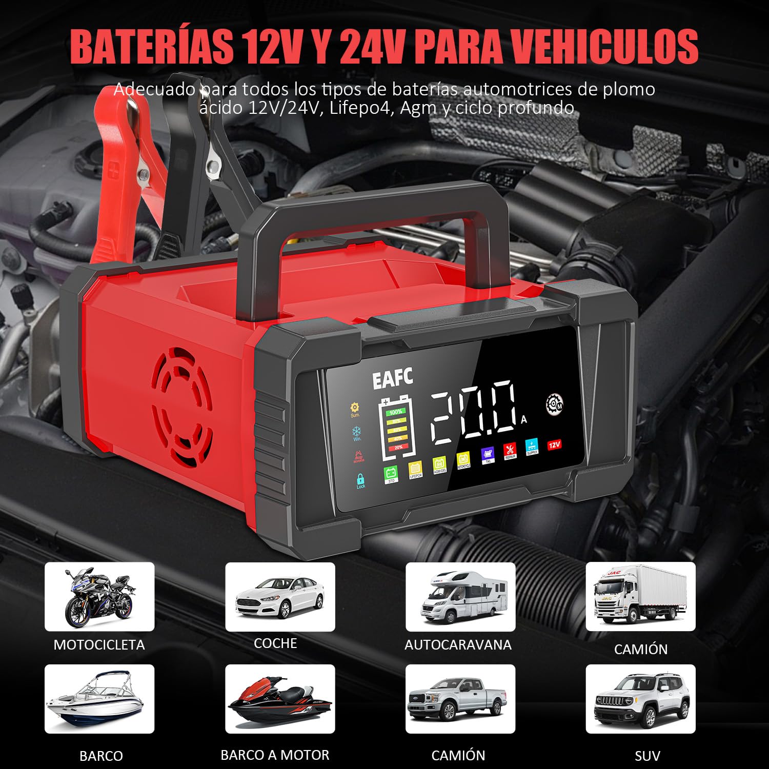 20A Portátil Cargador Baterias Coche, 12V/24V Cargador de Batería de Coche, Carga En 9 Etapas, Modo De Reparación, Cargador Bateria Coche para STD, AGM, EFB, Gel, SLA, LiFePO4, Moto