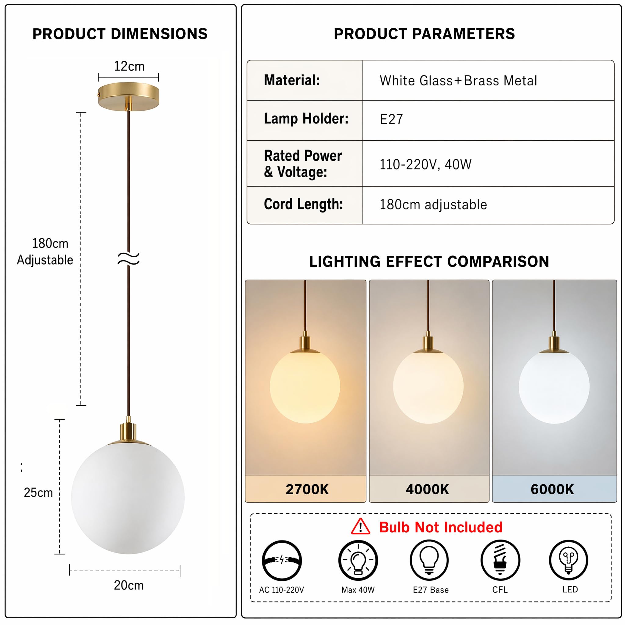 Lampadario Minimalista a Sfera in Vetro Bianca, Lampada a Sospensione Moderna E27 con Finitura in Ottone per Cucina Camera da letto Sala da pranzo (20cm)