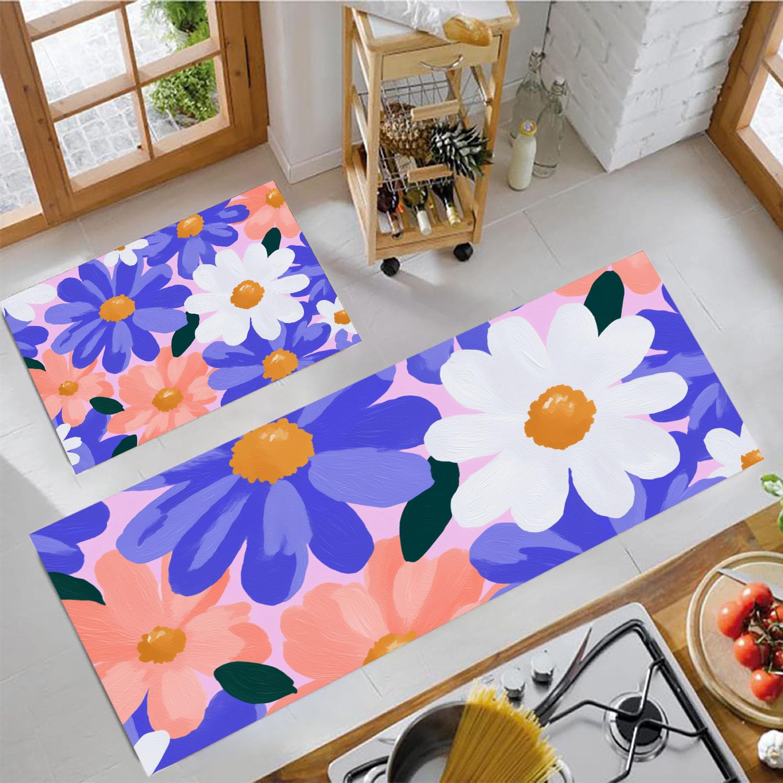 Alfombrillas de cocina para dormitorio y zona de lavado, diseño vintage de flores hippies azul