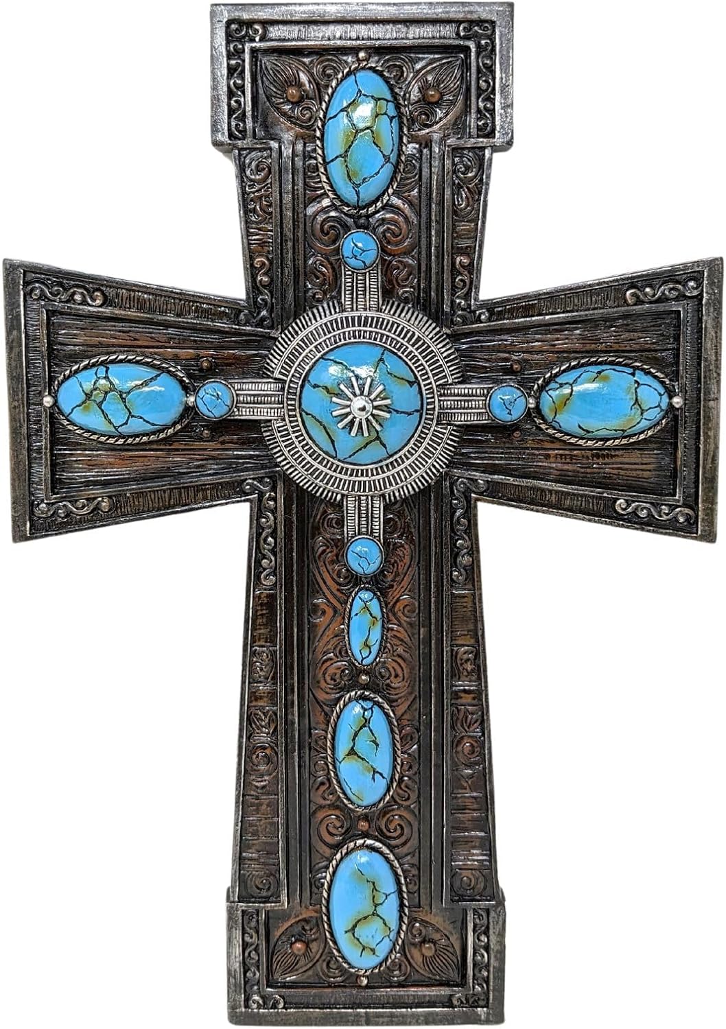 BestGiftEver Turquoise Oval Gem Resin Wall Cross | Rustic Southwest Inspired Cross with Leaves and Scroll Design | Religious Home Decor | Christian Hanging Wall Art