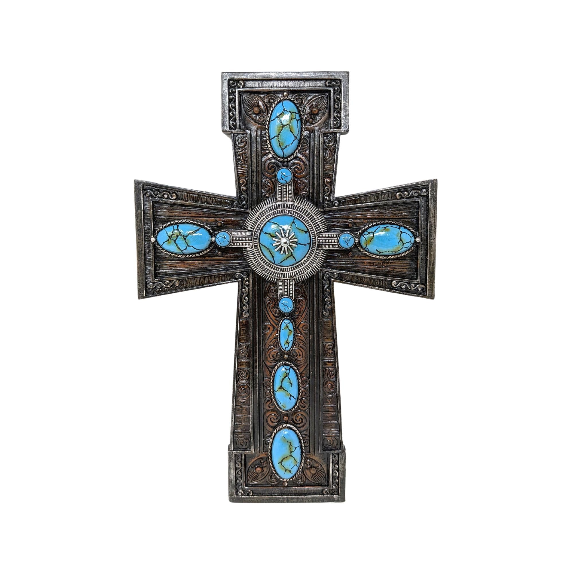 Cruz de pared turquesa de resina con relieve rústico ovalado 8