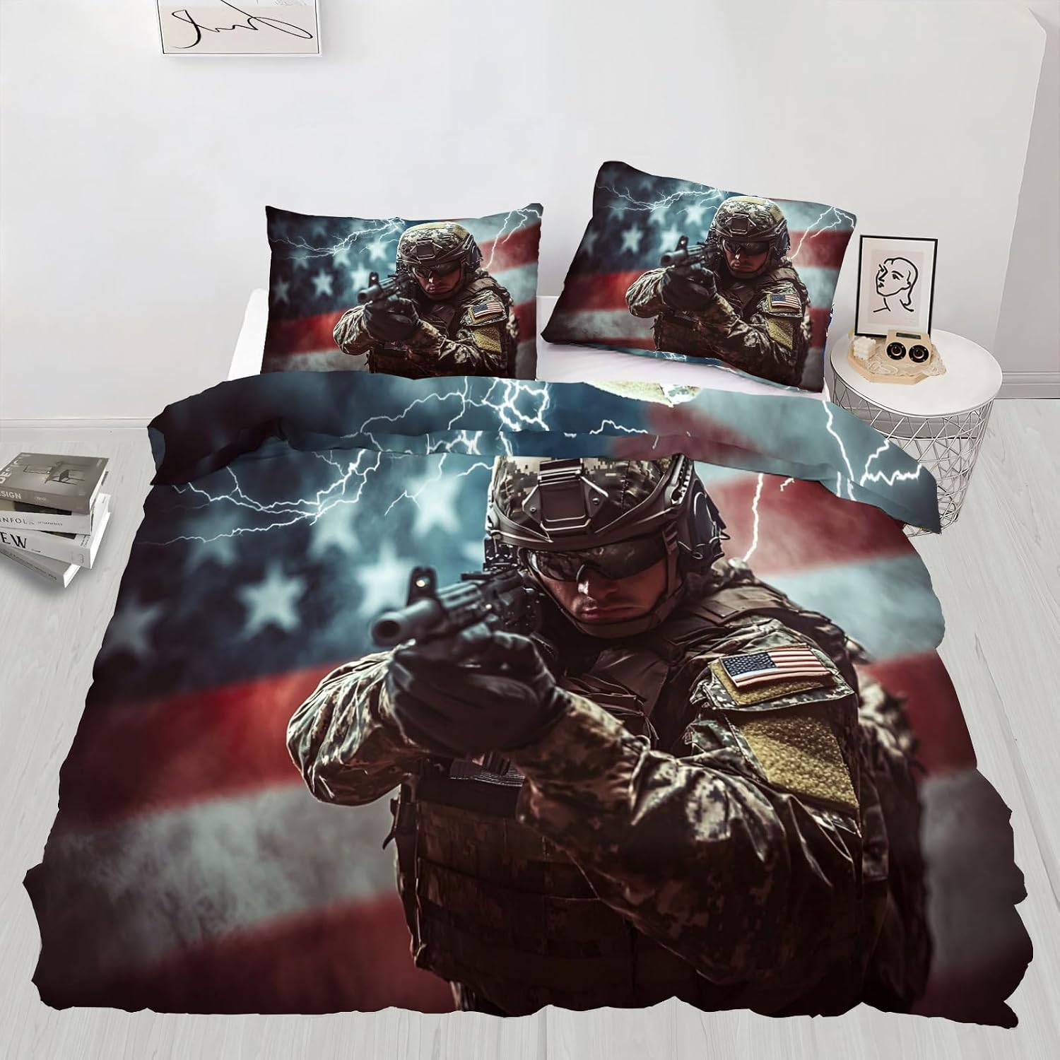 American Military Duvet Cover, Special Forces Bedding Set Cover for Kids Boys Girls Teens, Reversible Soldiers Duvet Cover with Zipper Closure and 2 Pillow Shams, Full Size 80" X90