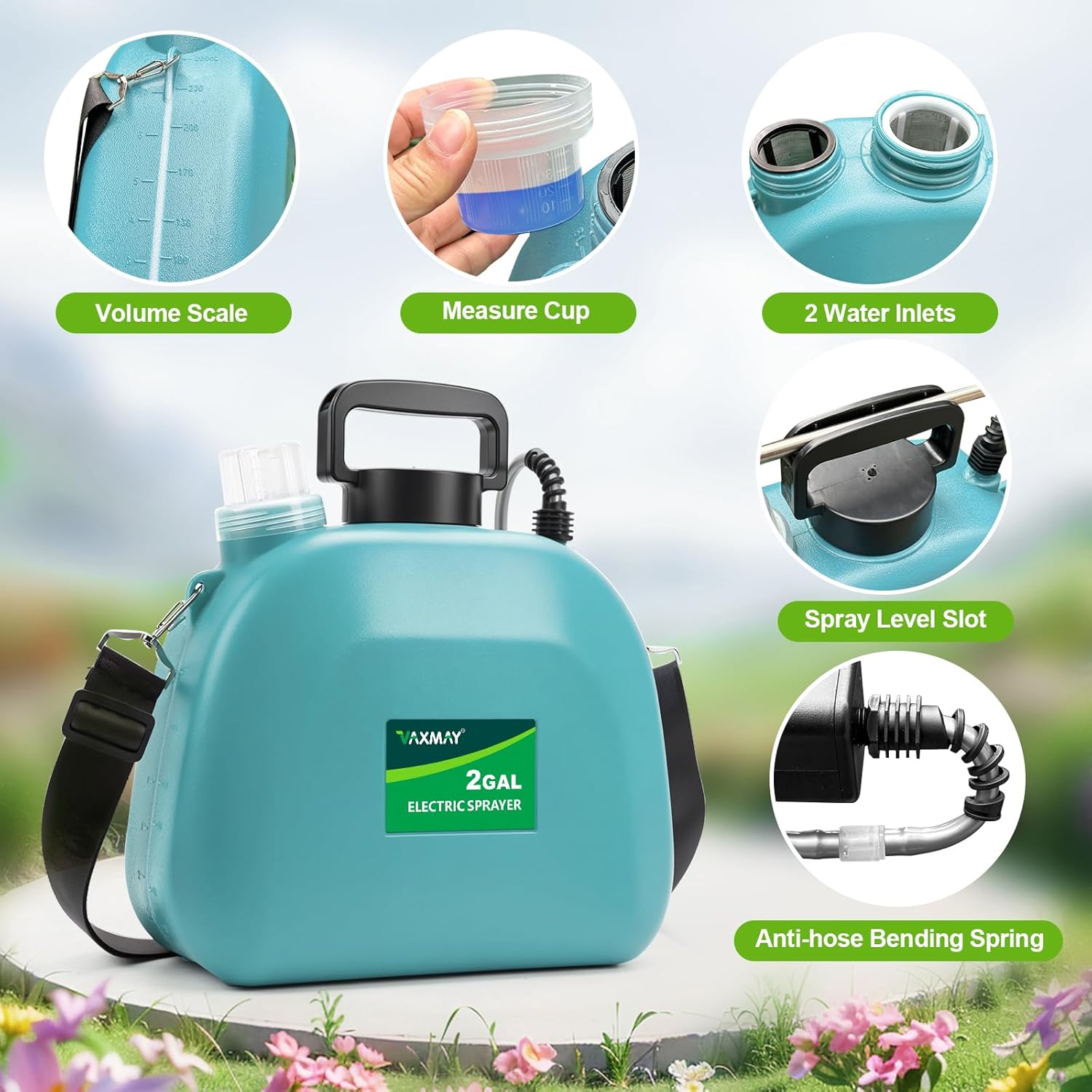 VAXMAY Battery Powered Sprayer 2 Gallon, Upgrade Electric Garden Sprayer with 3 Adjustable Speed, Battery Indicator, 4 Mist Nozzles, Rechargeable Handle, Retractable Wand, Shoulder Strap for Weed Lawn