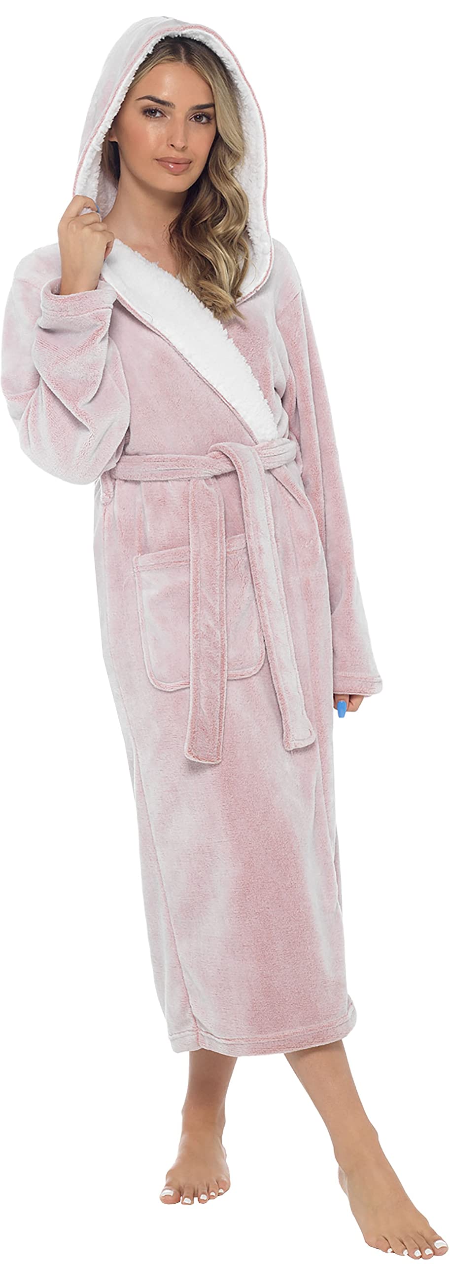 KATE MORGAN Ladies Soft & Cosy Hooded Dressing Gown | Ladies Dressing Gown Soft Plush Bath Robe for Women Housecoat Loungewear Bathrobe Gifts for Her (Large, Rose shimmer)