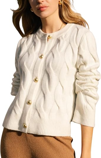Omoone Short Cardigan Sweaters for Women Loose Crewneck Cable Knit Tops Casual Chunky Button Up Fall Outfits