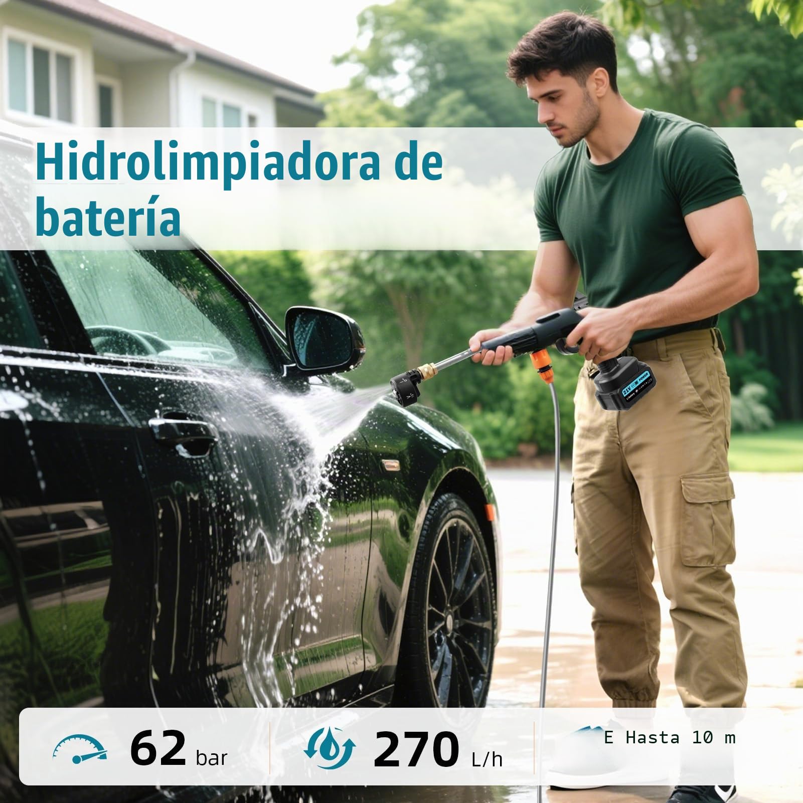 Hidrolimpiadora de Alta Presion 62 Bar,Pistola de Agua a Presión con Boquilla 6 en 1,Manguera 5M,Hidrolimpiadora Bateria con 2 x 3.0Ah Baterías,Hidrolimpiadoras Portátil para Coche y Jardín