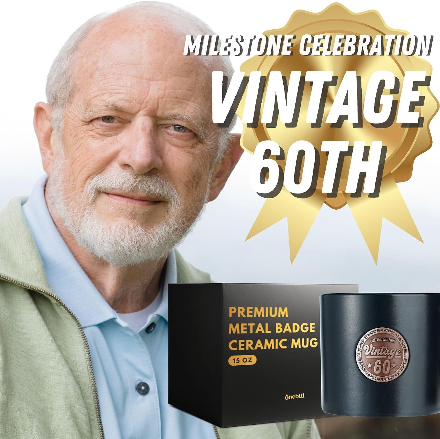 Onebttl 60th Birthday Gifts for Men and Women, Vintage 60, Aged to Perfection, 60 Years Old Bday Gifts for Dad, Uncle, Brother, Coworkers, 15oz Ceramic Mug, Black