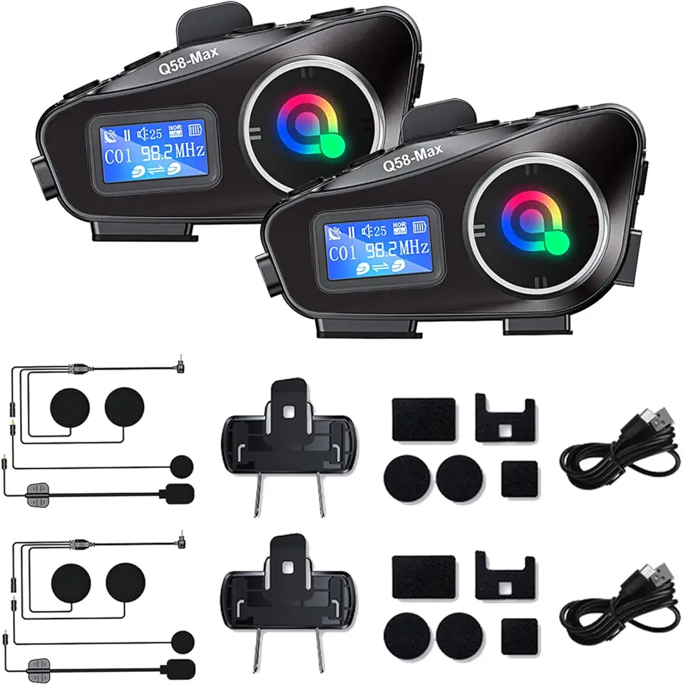 Q58-Max Fone de Ouvido Bluetooth para Moto, Intercomunicador para 2 Pessoas, Alcance de 500M, FM, DSP, IPX6, 1000mAh, 2 Unidades