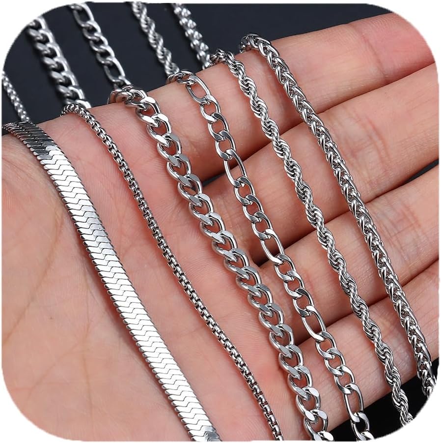 LOLIAS Silver Chain Necklace for Men Women – 6Pcs Stainless Steel Cuban Link/Rope/Box/Figaro/Herringbone/Wheat Chain Layered Stacked Necklace Set 16/18/20/22/24 Inches