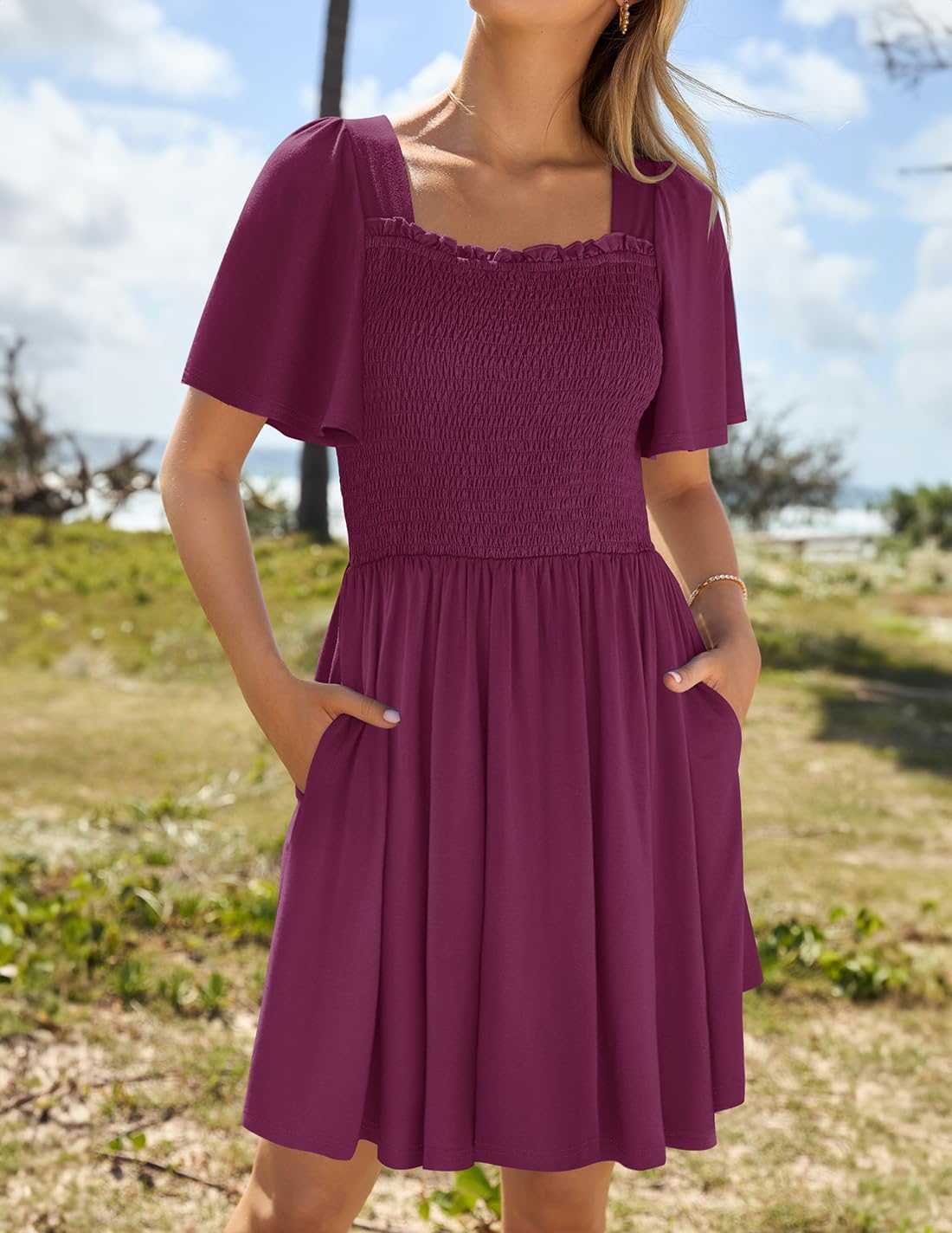 ZESICA Women's 2026 Summer Casual Mini Dress Flutter Short Sleeve Square Neck Smocked Tiered Ruffle Flowy Dresses - Image 2