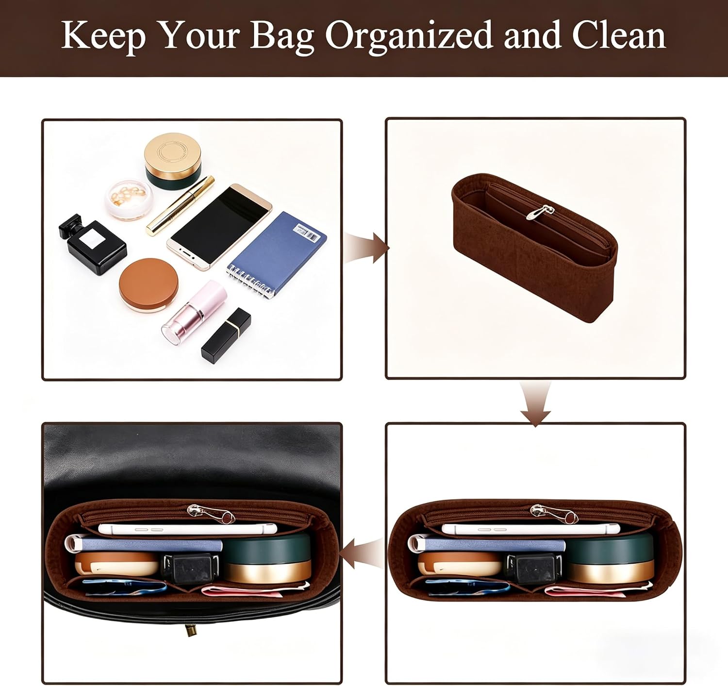 Chispee Purse Organizer Insert Felt Bag Organizer fit GG Marmont Matelasse Shoulder Bag Storage & Finishing Inner Handbags Insert Organizer for Longchamp Mini,Coffee image 3