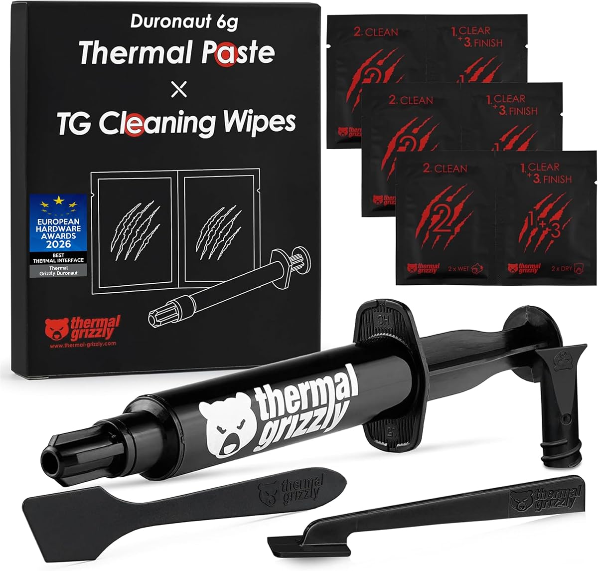 Thermal Grizzly - Duronaut - 6 Gram - Enhanced Durability & High Performance Thermal Paste - for Maximum Conductivity While Overclocking CPU/GPU/PS4/PS5/Xbox with 12 Cleaning Wipes 6 Wet & 6 Dry